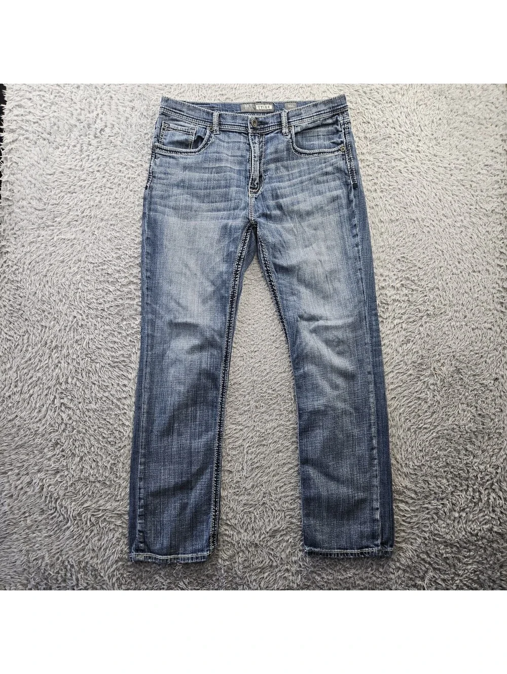 BKE TYLER Jeans Men Straight Leg 36L (Fits 36x33) Whiskering Stretch Denim *Hem